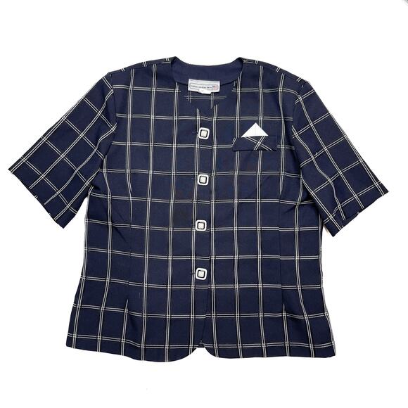Pablo Collection Vintage Checkered Blouse Navy Button Up Womens 14P Academia 80s - Picture 1 of 10